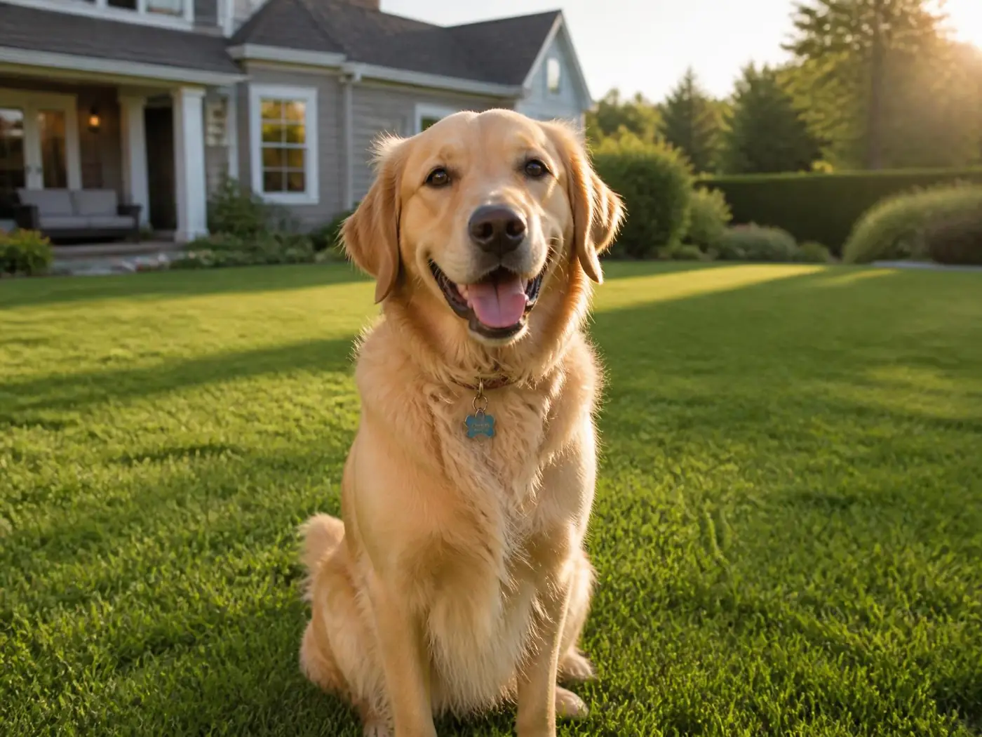 Happy golden retriever sitting on a clean, freshly scooped backyard lawn in South Jersey